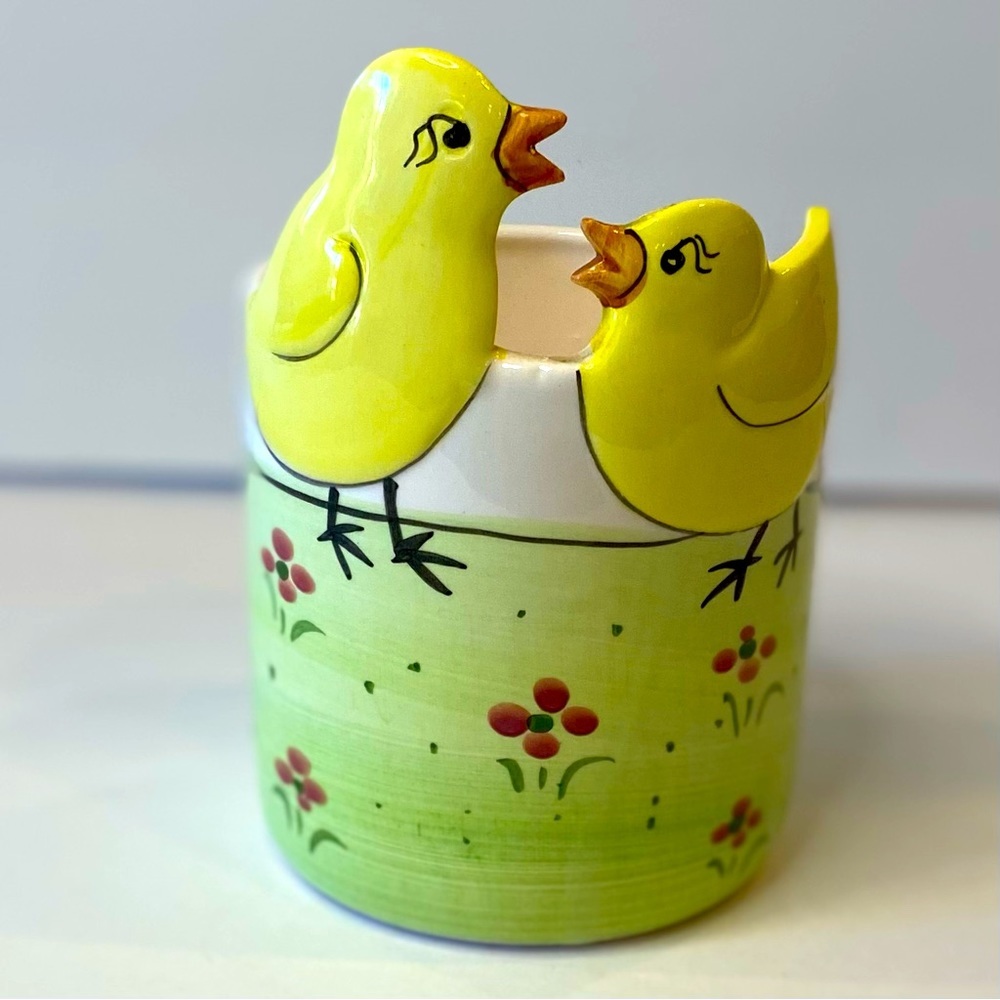 Easter Chick Yellow And Green Ceramic Planter or Candy Dish - Picture 1 of 8